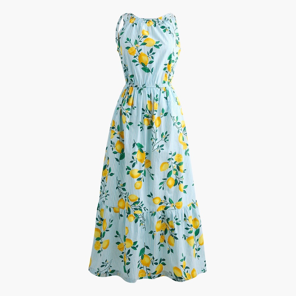 J.Crew Lemon Print Tiered Midi Dress Blue White Striped Size 2 New With Tags